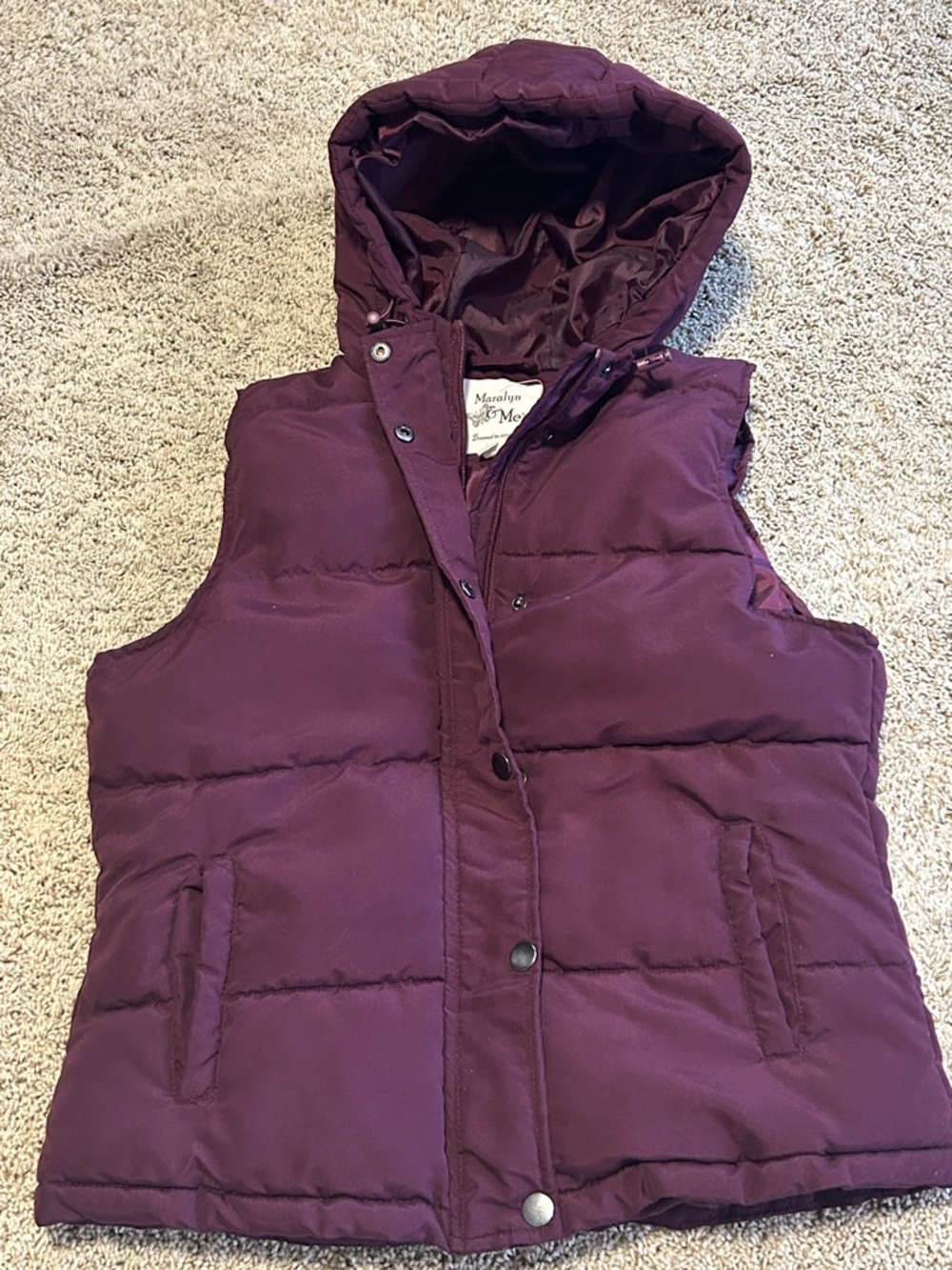 Maralyn & Me Hooded Sleeveless Puffer Vest in Plum,
